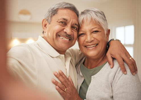 Selfie, love and senior couple in home with smile, support and portrait of marriage in retirement together. Digital photography, face of happy man and old woman in apartment to post on social media.