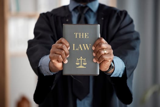 Hands, judge and law book for justice, knowledge and study constitution for decision in court. Legal expert, attorney or advocate and choice for equality, consultation and compliance for government