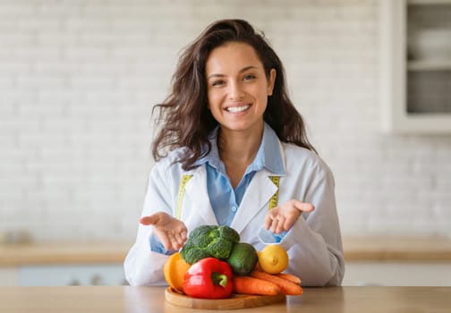 Portrait of cheerful dietitian in lab coat pointing at fresh fruits and vegetables on table, smiling at camera at clinic