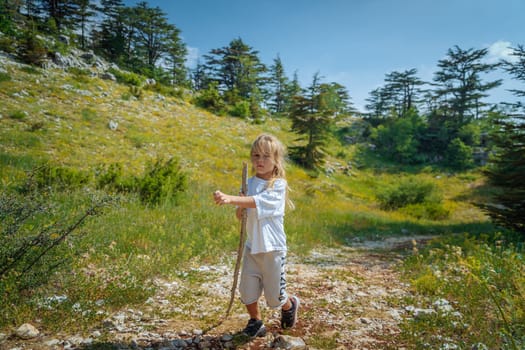 Happy child walking and exploring the forest