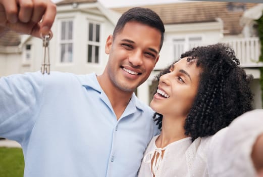 House keys, selfie and happy couple smile for dream home, real estate or mortgage success in a garden. Investment, property and face of people excited for moving, relocation or apartment purchase