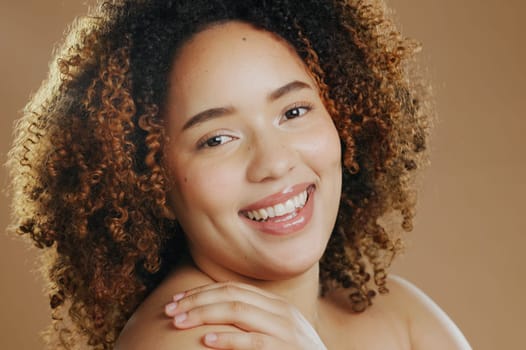 Happy woman, portrait and face in skincare cosmetics or natural beauty against a studio background. Closeup of female person or model smile for dermatology, soft skin or spa treatment and grooming.