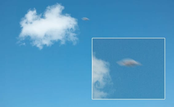 Ufo, spaceship in blue sky and alien on camera screen outdoor, surreal flying saucer and mockup space. Evidence of extraterrestrial spacecraft, drone in flight recording on camcorder or UAP in clouds