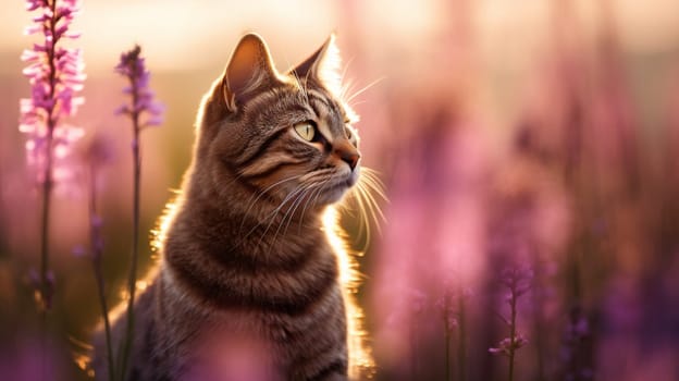 cat in a meadow with pink wild flowers - generative AI