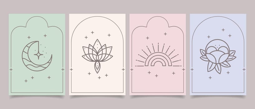 A set of esoteric mystical posters with spiritual symbols, moon, sun, stars, flowers. Templates, Tarot cards