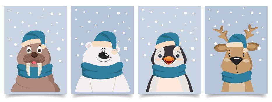 Set of four cute little kawaii cartoon arctic animals wearing scarves and hats in the snow. Polar bear, fawn, walrus, penguin. Posters or postcard designs. Vector