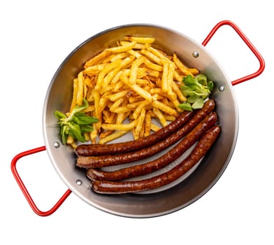Grilled thin sausage served with French fries