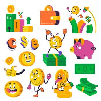 Money character, coin and banknotes, purse vector
