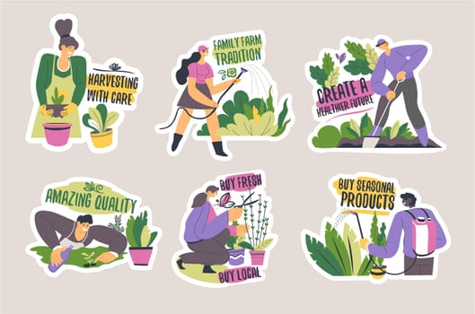 Tag design set with family farm product advertising. Flat man woman character harvesting with care, seasonal products, vector illustration. Healthy food with amazing quality sticker collection