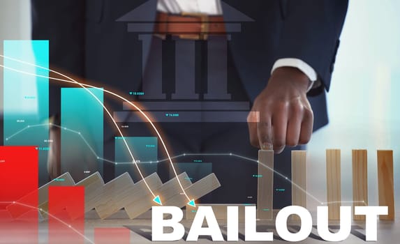 Businessman, hand and finance in support, statistics or overlay graph and chart for loan or investment. Closeup of employee pointing to bailout for financial struggle, crisis or business management