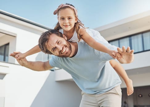 Father portrait, piggyback or child in new home as a happy family on real estate with love, smile or care. Airplane, playing or kid with a proud dad on property in relocation together in dream house