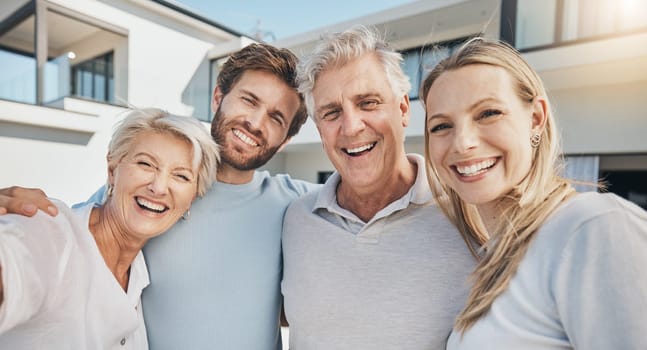 Selfie of happy family outside new home, real estate and investment with future mortgage with security. Photography, portrait of men and women in backyard of property, group of people with smile.