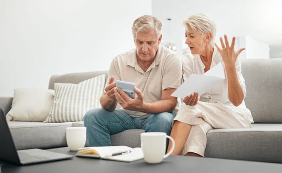 Frustrated senior couple, documents and financial crisis on living room sofa in debt, expenses or bills at home. Mature man and woman checking finance, paperwork or budget with calculator for invoice