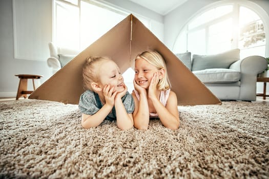 Smile, kids and cardboard for insurance with girl sisters on the floor of the living room at home. Security. family or children and young siblings on a carpet in their house for safety with flare