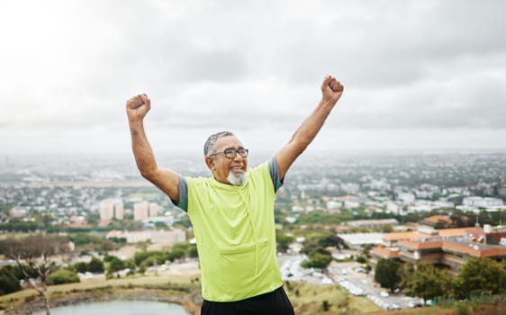 Outdoor, excited and senior man with training, achievement and wellness with exercise, wellness and happiness. Old person, runner and athlete outside, fitness and workout with celebration and health