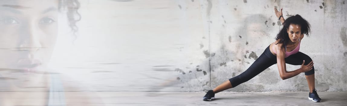Training, banner and woman with fitness doing exercise or workout for wellness and health by a wall. Athlete, double exposure and strong person prepare for stretching leg muscle for body balance.