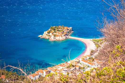 Sveti Stefan historic island village and waterfront view