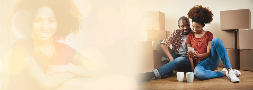 Couple, moving and happy on phone in home, browse and online search for furniture on floor. Diversity people, banner and overlay on boxes, real estate and investment in mortgage in double exposure