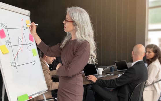 Businesswoman drawing graph on whiteboard preparing business presentation in office