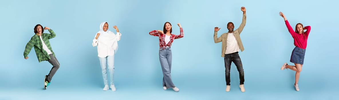 Cheerful happy multiracial people men and women in casual celebrating success, raising hands up and dancing on blue background, full length, web-banner, collage