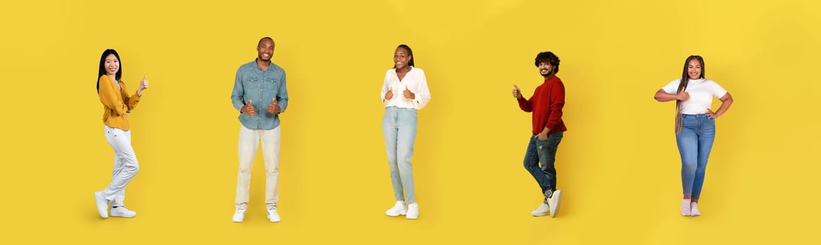 Cheerful happy multiracial young people men and women in casual showing thumb ups and smiling on yellow background, recommending something, full length, web-banner, collage