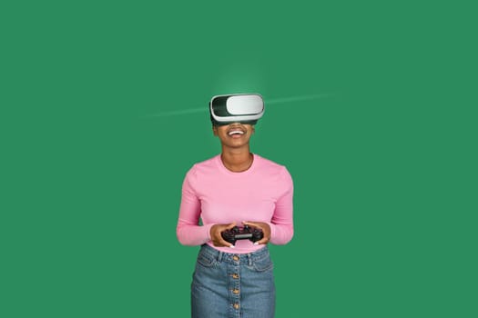 Young Black woman using VR headset and joystick, gaming