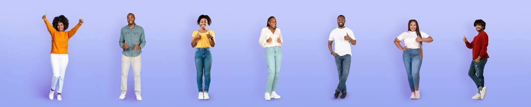 Joyful happy multiracial young people men and women in casual showing thumb ups and smiling on purple studio background, recommending something, full length, web-banner, collage