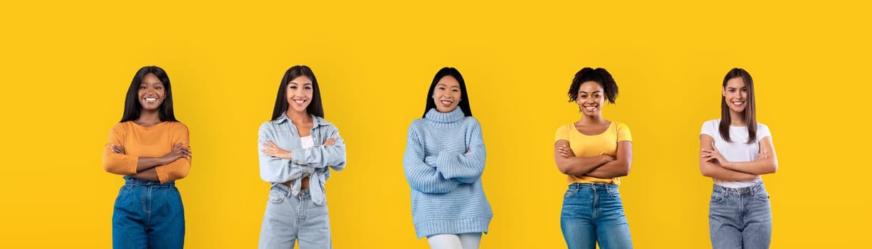 Mosaic of pretty millennial multiethnic women on yellow background