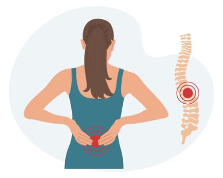 Woman with pain in the cervical and lumbar vertebrae. Back pain, muscle pain, osteoarthritis, rheumatoid arthritis. Medicine