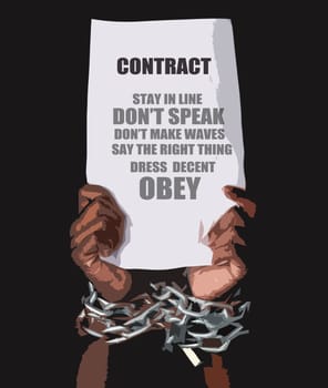 Hand, poster and text with handcuff or chains for contract, message or prisoner isolated on black background. Law, criminal and paper or legal document with instruction, order or command for person