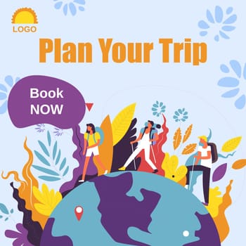 Book your trip now, travel agency for family journeys and friends trekking. International destinations and adventures for all, holiday or weekends, voyage exploration of world Vector in flat style