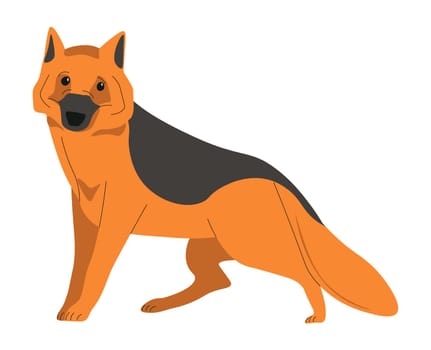 Canine animal purebred, isolated German Shepherd dog or small puppy. Portrait of doggy, security, and loyalty for owner. Cheerful mammal with a furry coat. Friendly pup. Vector in flat style