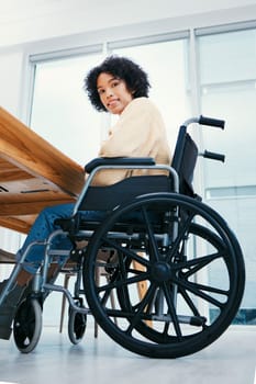 Office, desk and portrait of woman in wheelchair for working on project, planning and report. Company, inclusive workplace and happy person with disability for job, career and work opportunity