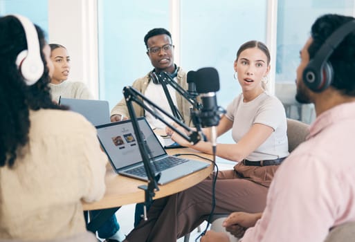 Conversation, podcast speaker and group of people, team or presenter communication, streaming and hosting talk show. Radio multimedia production, diversity and influencer listening on media network