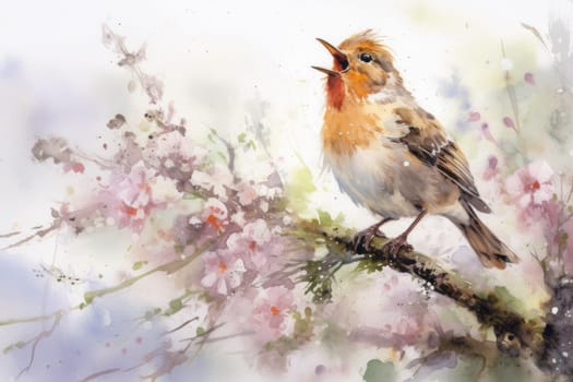 Beautiful watercolor singing bird in a garden on a white background.