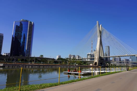 Cityscape of Sao Paulo with Ponte Estaiada bridge on Pinheiros River, Brazil