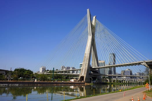 Octavio Frias de Oliveira Bridge also known Ponte Estaiada is a cable-stayed bridge over the Pinheiros River in Sao Paulo, Brazil 