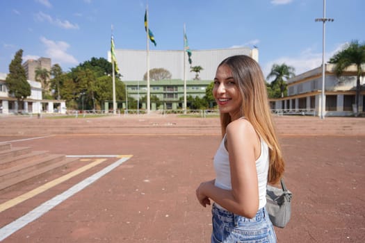 Brazilian tourist girl in main square of Goiania, Goias, Brazil