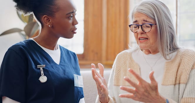 Mature, sad woman or nurse with empathy or results in consultation for bad news or cancer disease. Stress, depression or caregiver with a crying senior patient for support, sympathy or help in home