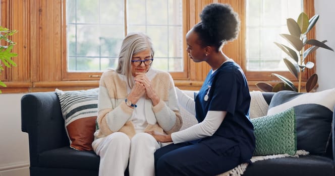 Mature, sad woman or caregiver with empathy or results in consultation for bad news or cancer disease. Stress, depression or nurse with a crying senior patient for support, sympathy or help in home