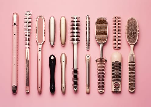 women's beauty devices on pink background, hairdresser's tools, brushes and rosettes. Concept for hair stylist, barbershop and hairdressing. combs and hairdresser tools top view. Set of accessories