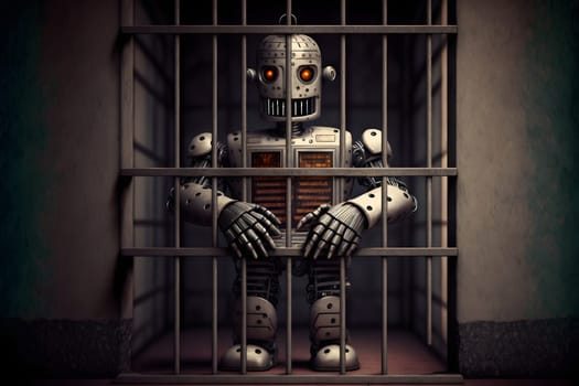 Cartoonish robot in jail behind the bars, neural network generated art, AI law regulation concept