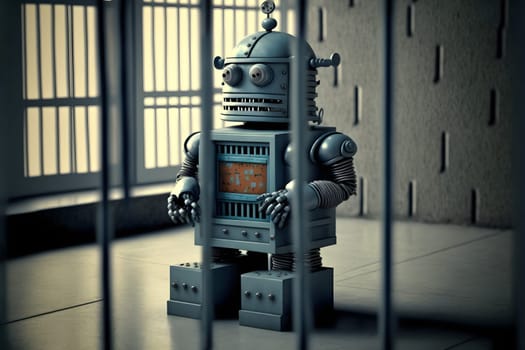 Cartoonish robot in jail behind the bars, neural network generated art, AI law regulation concept