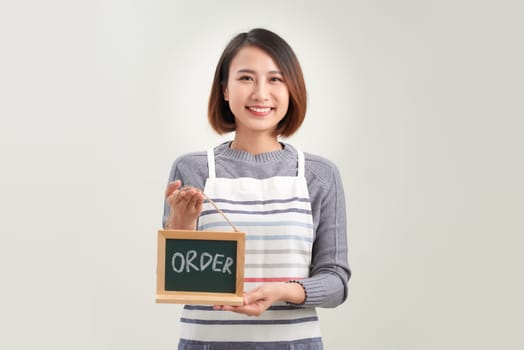 Woman hold order sign for small business on white background.