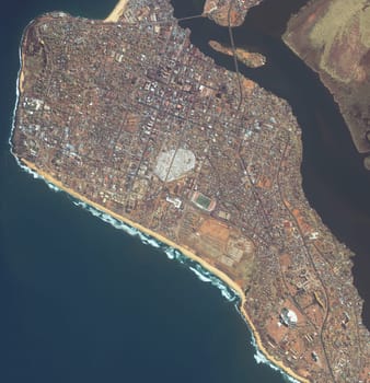 Sea, buildings and top view of earth map with nature, water and residential landscapes. Globe, land and aerial of ocean with field and houses from aerospace satellite for environment development.