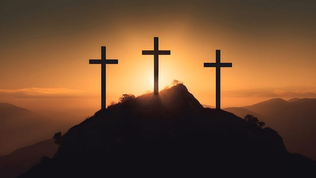 crucifixion, religion and christianity concept - silhouettes of three crosses on calvary hill on golden suset sky background, neural network generated image