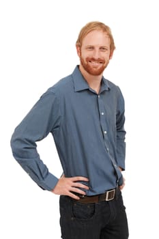 Happy businessman, portrait and ginger standing with hands on hip isolated against a white studio background. Man, employee or model smile posing in confidence for career or casual fashion on mockup