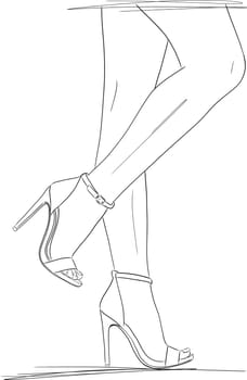Sexy legs woman, high-heeled shoes, sketch drawing style, Heels, foot, leg. shoes, one line art