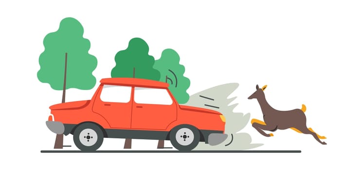 Vehicle hitting running deer from forest, car accident and damage to nature and wilderness. Crash and incident on road, roadkill of doe from woods. Transport and animal. Vector in flat style