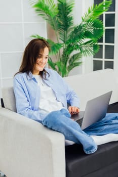 chat online remote work woman with laptop via internet